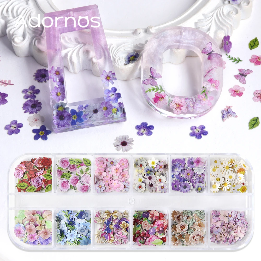 Flower Wood Pulp Chips Epoxy Resin Filling 12 Grids Rose Iris Vetiver Flower Butterfly Shape Decorative Paper DIY Crafts