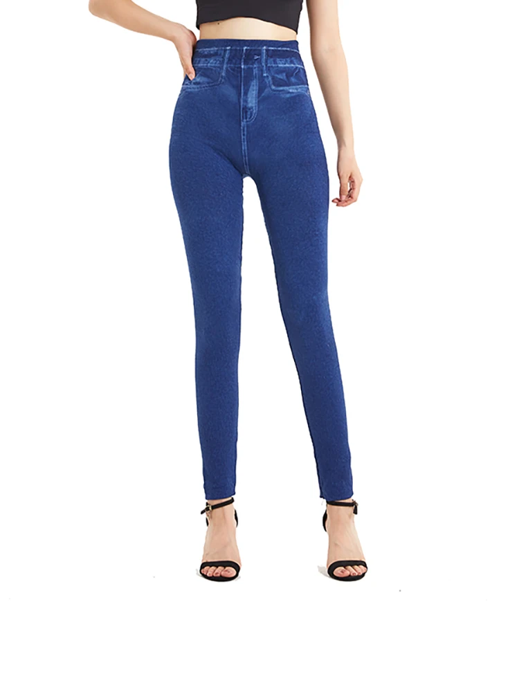 

VIIANLES Women's Soft Comfortable High Elastic Leggings Solid Blue Imitation Jeans Pattern Printed Capris Casual Street Pants