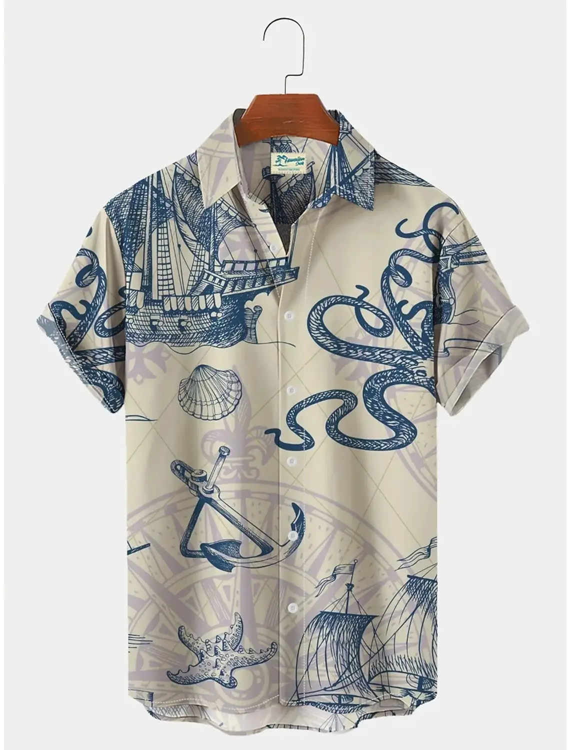 thumbnail image 1 of Camisa de hombre con estampado gráfico de tiburón sirena, ancla, cuello vuelto, manga corta, botones, ropa de calle, ropa de moda, 1 of 4