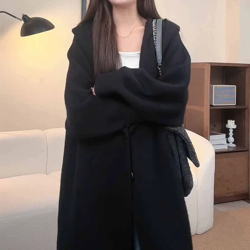 Korean Hooded Knitted Cardigan for Women Autumn Winter Casual Single Breasted Long Cardigan Woman Soft Solid Color Coats Female 5