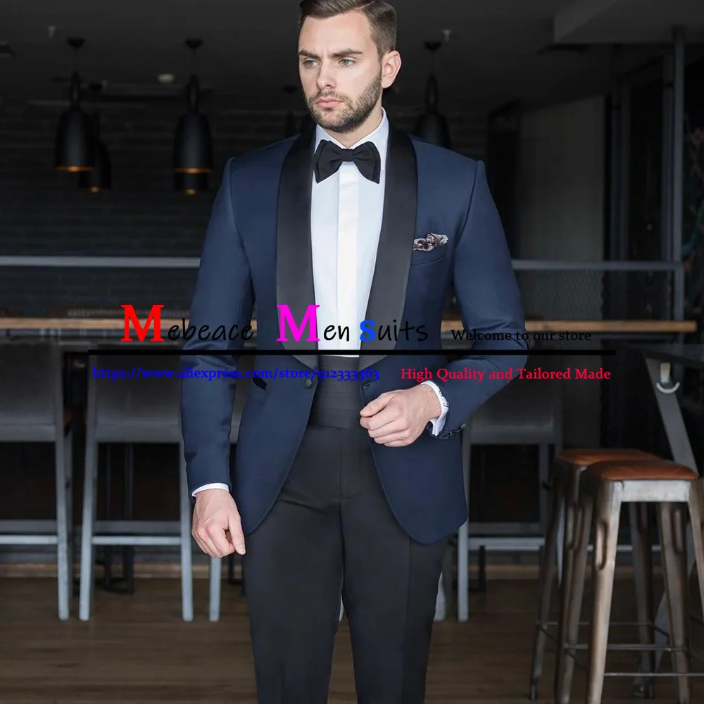 

Dark Navy Men Formal Suit Business Slim Fit Work Blazer 2 Piece Set (Jacket+Pants) Black Shawl Lapel Groom Tuxedos Blazer Sets