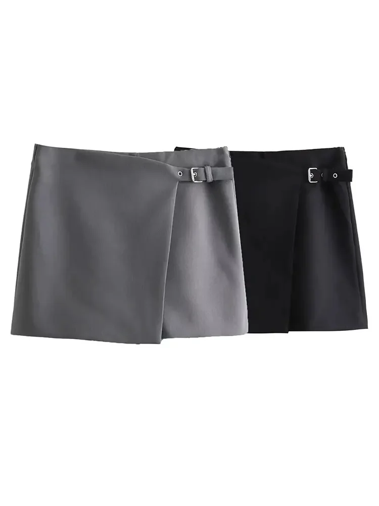 

HH TRAF 2024 Spring Women Fashion Skorts High Waisted Mini Wrap Shorts Zipper Female Casual Asymmetrical Trend Solid Slim Skirt