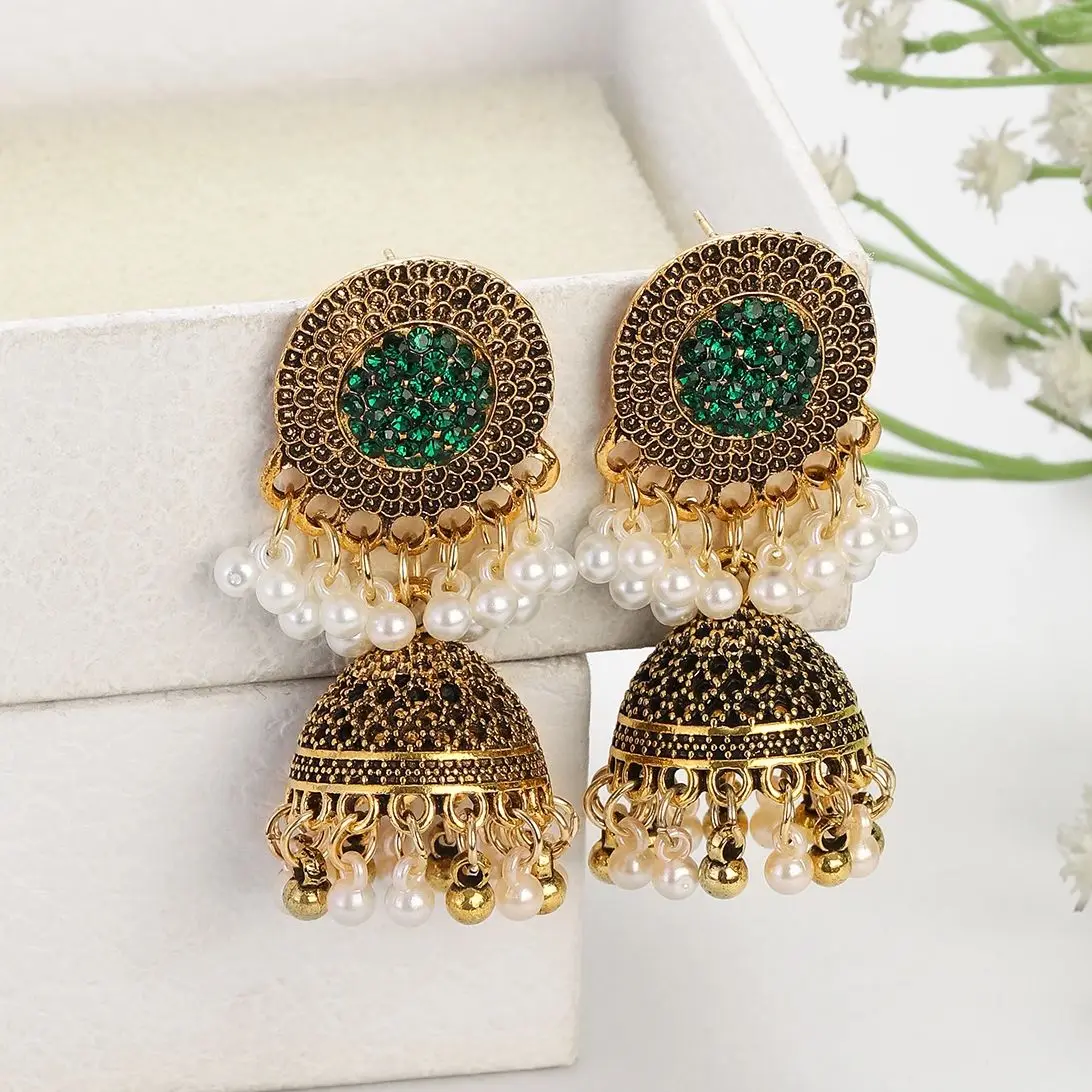 Ethnic-Afghan-Gold-Color-Drop-Earrings-for-Women-Pendient-Green-Crystal ...