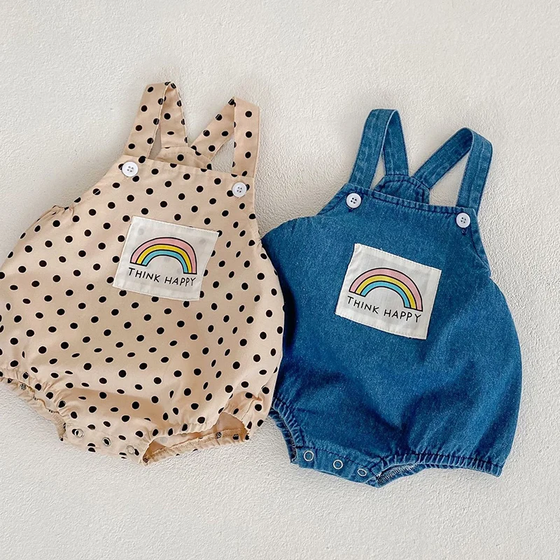 

Spring Summer Newborn Baby Denim Romper Infant Boy Girl Sleeveless Rainbow Print Loose Bodysuit Outfits Fashion Clothes 0-24M