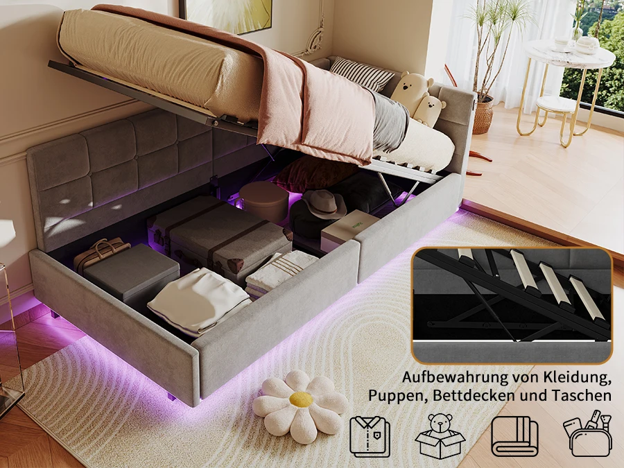 Rosahqnda L-förmiges Schlafsofa, Tagesbett 90 x 200 cm, Einzelbett, Jugendbett, hydraulischer Aufbewahrungsschrank, Ladeanschluss, Samtstoff – Detail 10