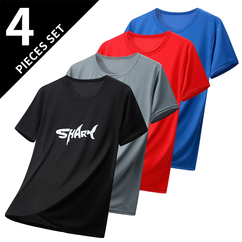 4/1 Pack Summer Men's Plaid Shark Letter Short Sleeve Casual Fashion Sports T-shirt Plus Size Loose Fitness Running Joker Top