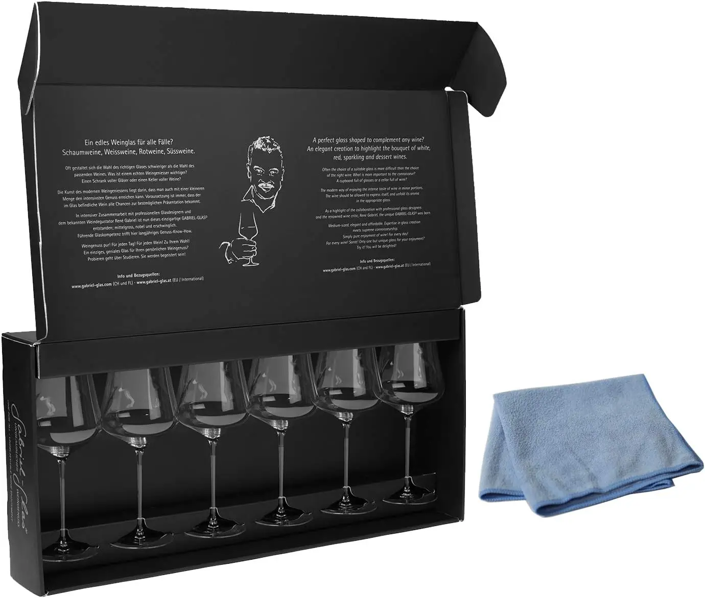 

Стеклянный набор Габриэль-2 предмета в комплекте из 6-австрийских хрустальных бокалов для вина-стандартная версия и два стекла для вина из микрофибры