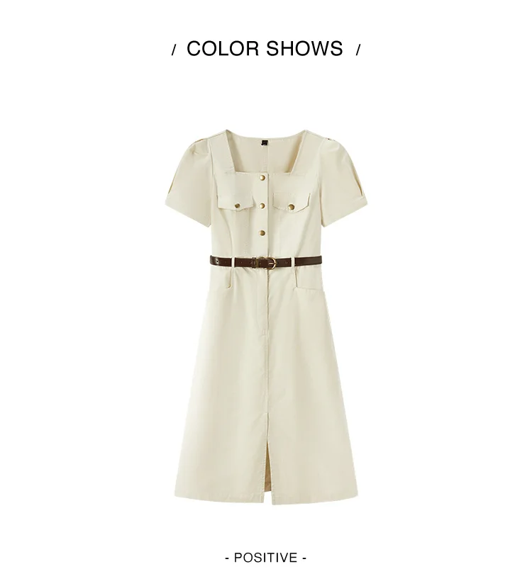 Dress Women Square Neck Split Midi Dress Summer New Salt-Washed Utility Dress With Vintage Vibes