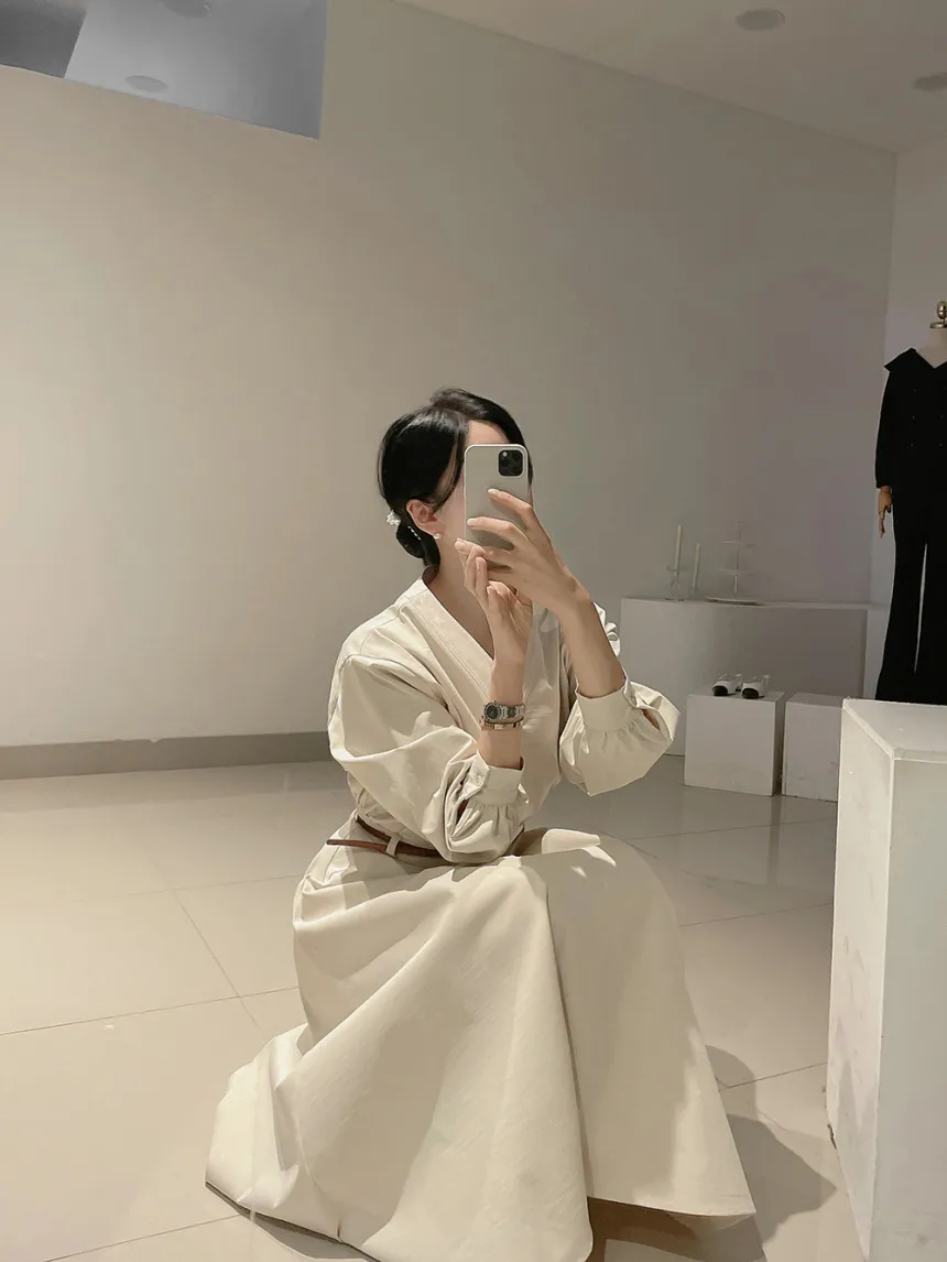 Korean Fashion V-neck Midi Dresses for Women with Belt Long Sleeve A-line Office Lady Autumn New Elegant Solid Female Clothing