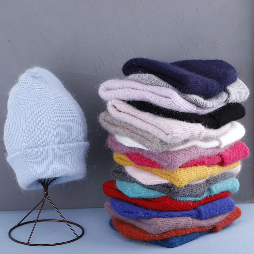 

2022 Rabbit Fur Beanies Soft Warm Fluffy Winter Hat for Women Angora Knitted Hat Skullies Beanies Female Bonnet Woman Knit Cap