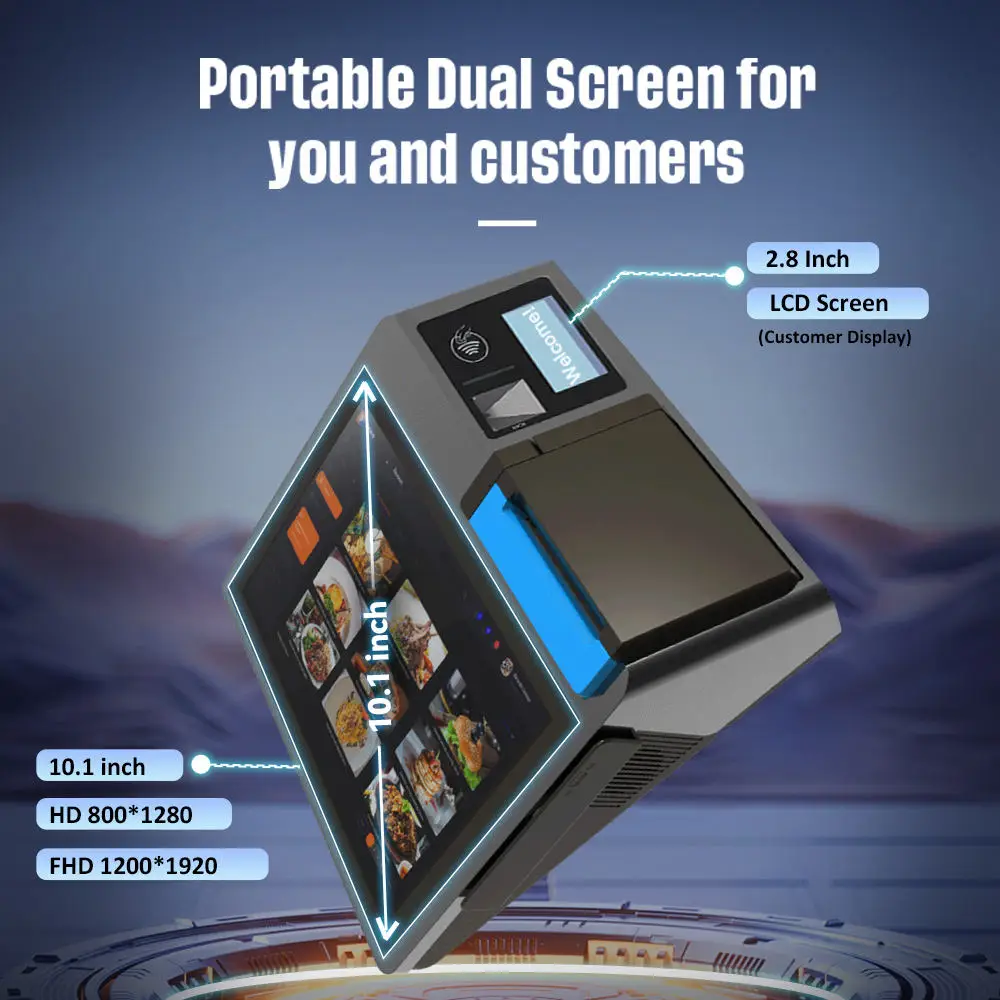 10.1인치 터치스크린 금전등록기 데스크탑 POS 단말기, NFC 스캐너 및 58/80mm 감열 프린터 포함, 소규모 사업장용