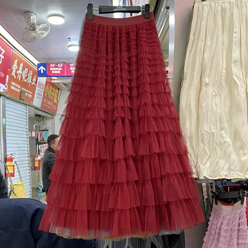 

Summer Ladies Tutu Cake Skirts Women Elegant Cascading A Line Long Skirt Female Pleated Mesh Party Casual High Waist Skirt Q689