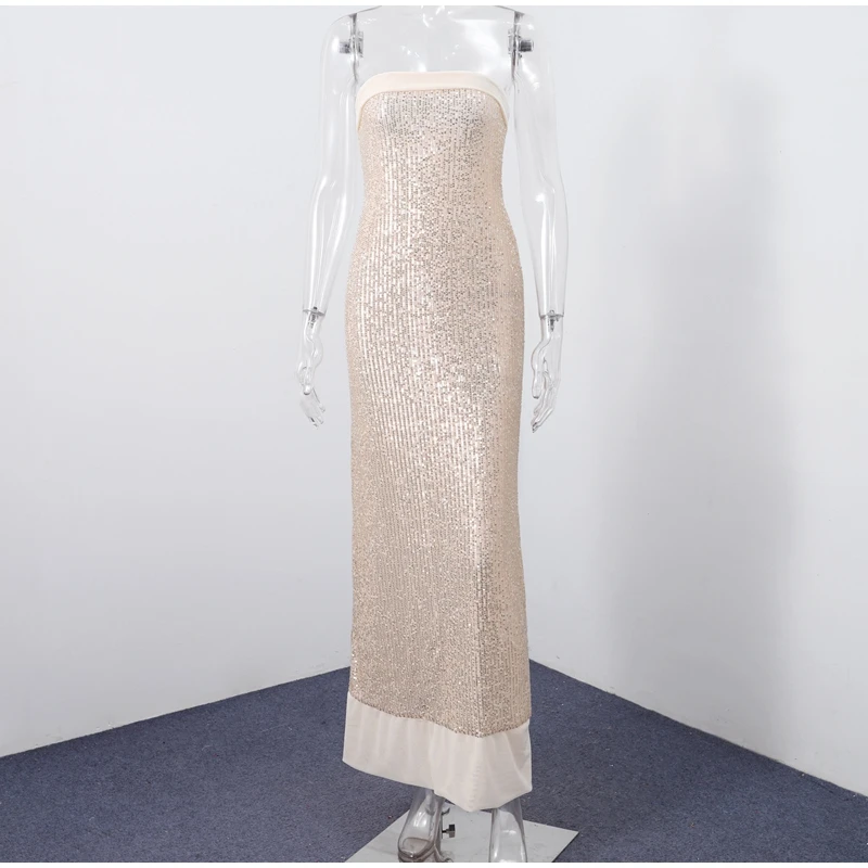 Sexy Pailletten-Damenkleid, schlank, Neckholder, rückenfrei, ärmellos, bodenlang, Hüftpaket, Kleider, weiblich, 2025, Party, Abend, Vestidos – Detail 5