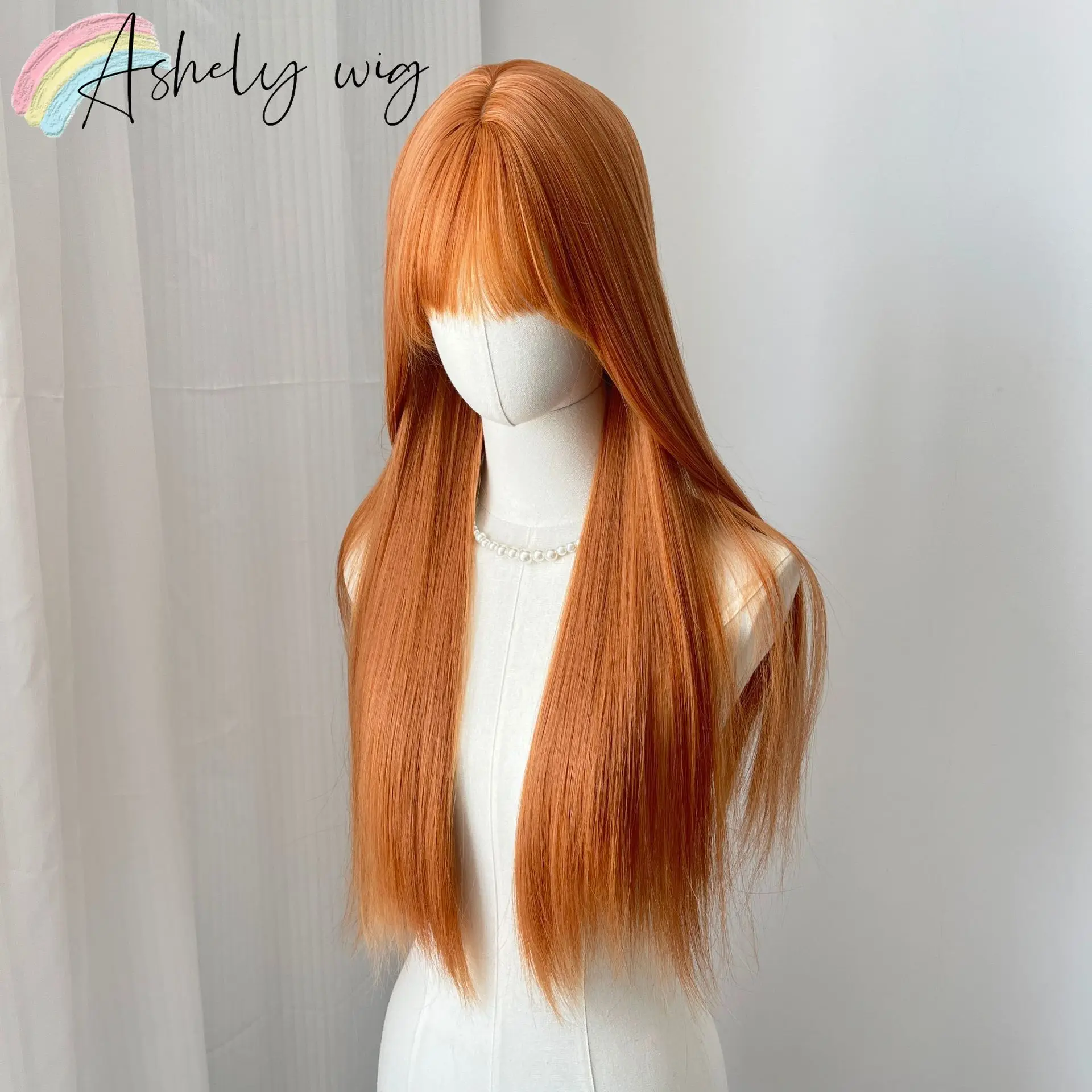 Ashely Orange Soda Wig for Women with Straight Bangs Orange Hair Wigs Natural and Fashionable Full Wig Headband Synthetic Wigs