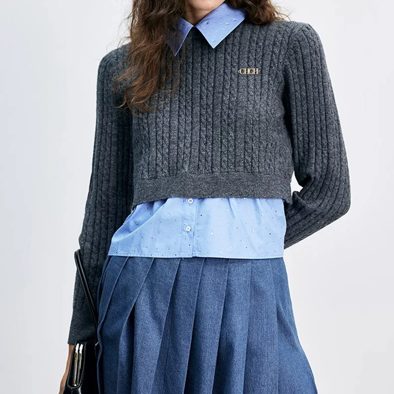 

New Women's Pullover Autumn Winter Fashion Fake Two Piece Sweater Shirt Korean Version Casual Trend Splice Lady Long Sleeve Top
