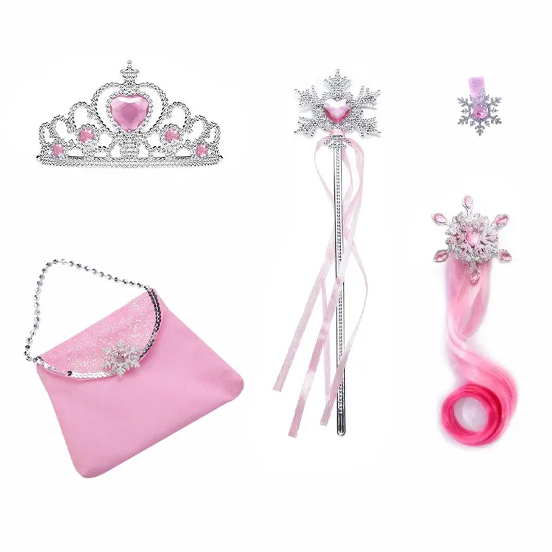 Disney Frozen Princess Costume Paired with Cute Bag, Gradient Curly Hair, Snowflake Children's Coin Purse, Crown Magic Wand