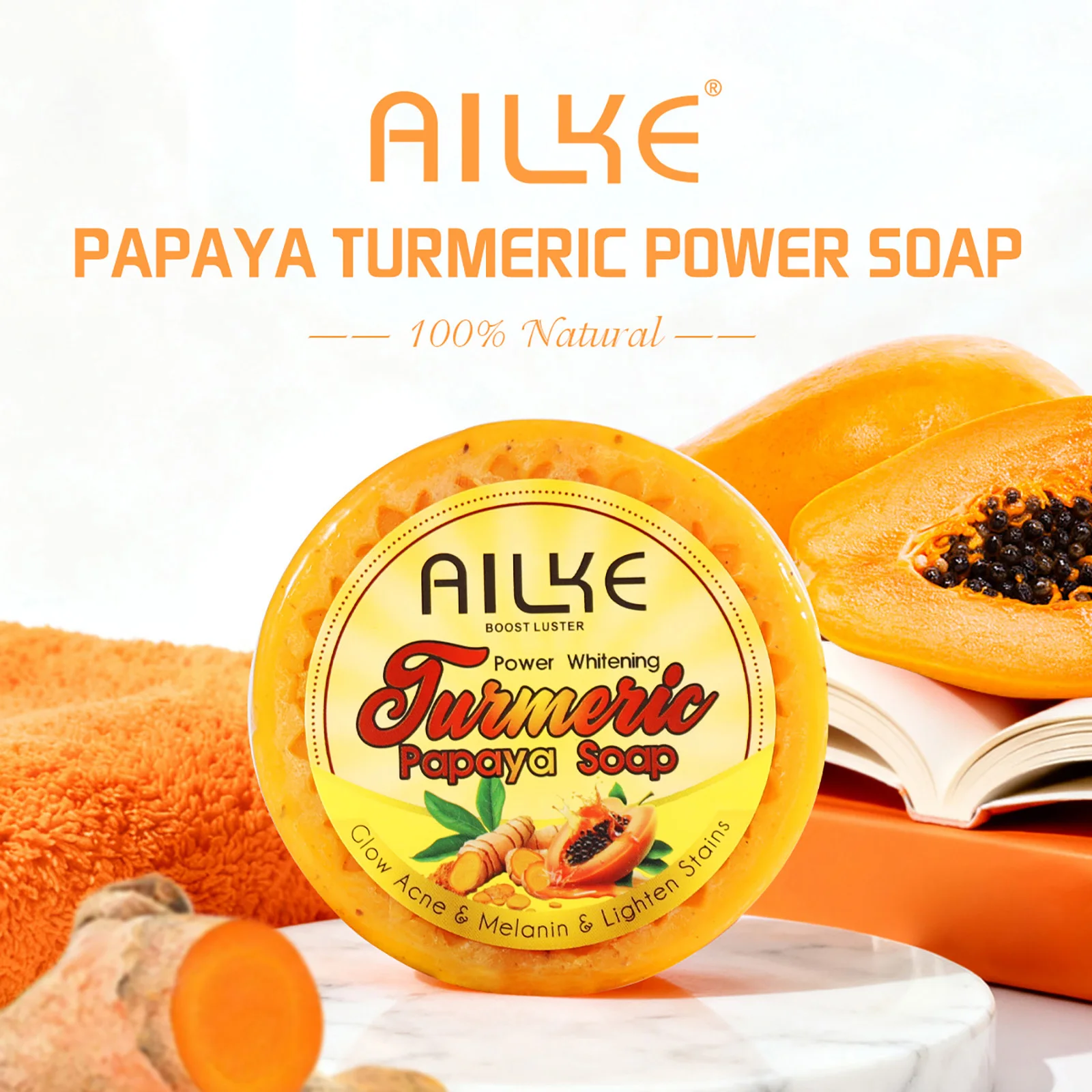AILKE Lightening Soap Bar, With Natural Turmeric, Papaya, Carrot, Remove Dark Spots, Acne, for All Skin Types, 200g