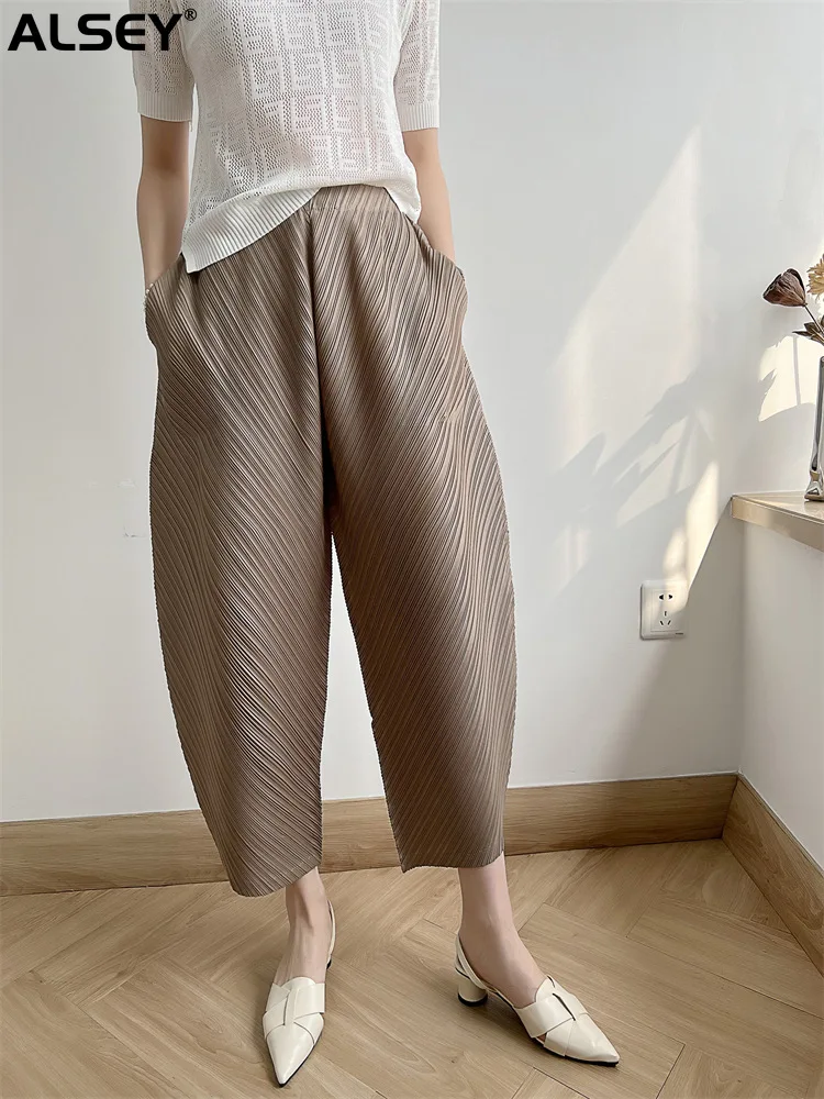 

ALSEY Miyake Pleated Women's Pants Fashion Hundreds of Solid Color Pants Casual Loose Harlan Nine Minute Wide Leg Pants 2023 New