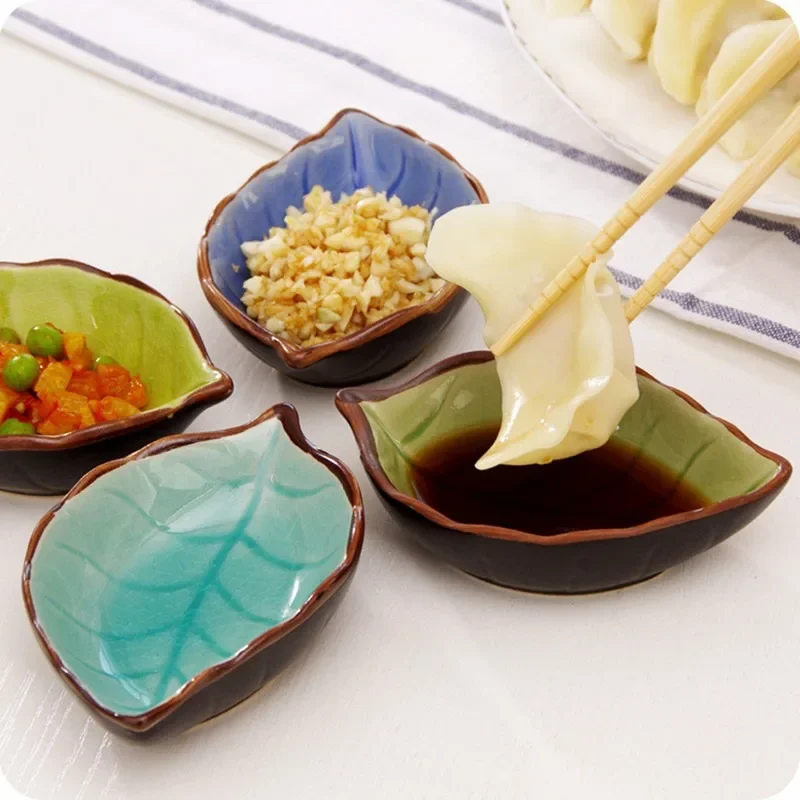 1/4PCS Leaves Ceramic Saucer Creative Ice Crack Glaze Leaf Ceramic Seasoning Soy Sauce Vinegar Plates Kitchen Multi-Purpose Dish