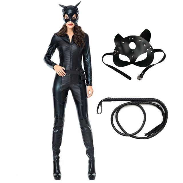 Goodming, Traje De Gato Negro De Cuerpo Entero Para Mujer Halloween  Cosplay Deluxe Disfraz Látigo Cremallera Parche