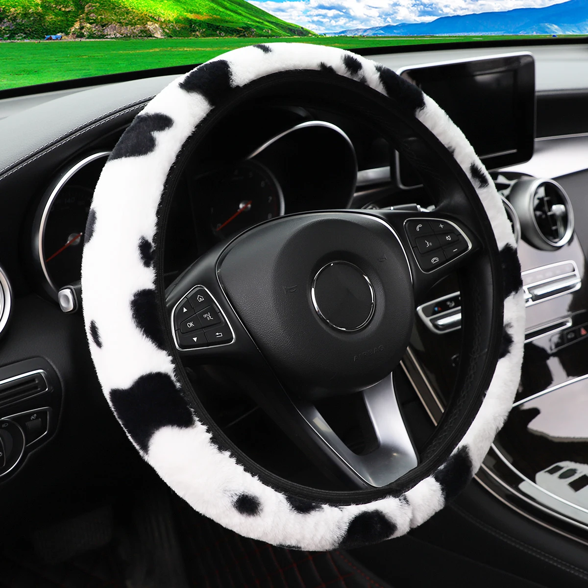 Winter-Kuh-Plüsch-Handwärmer-Auto-Lenkradbezug ohne Innenring, passend für 14,5-15 Zoll, Auto-Innenausstattung in Schwarz und Rosa – Detail 2