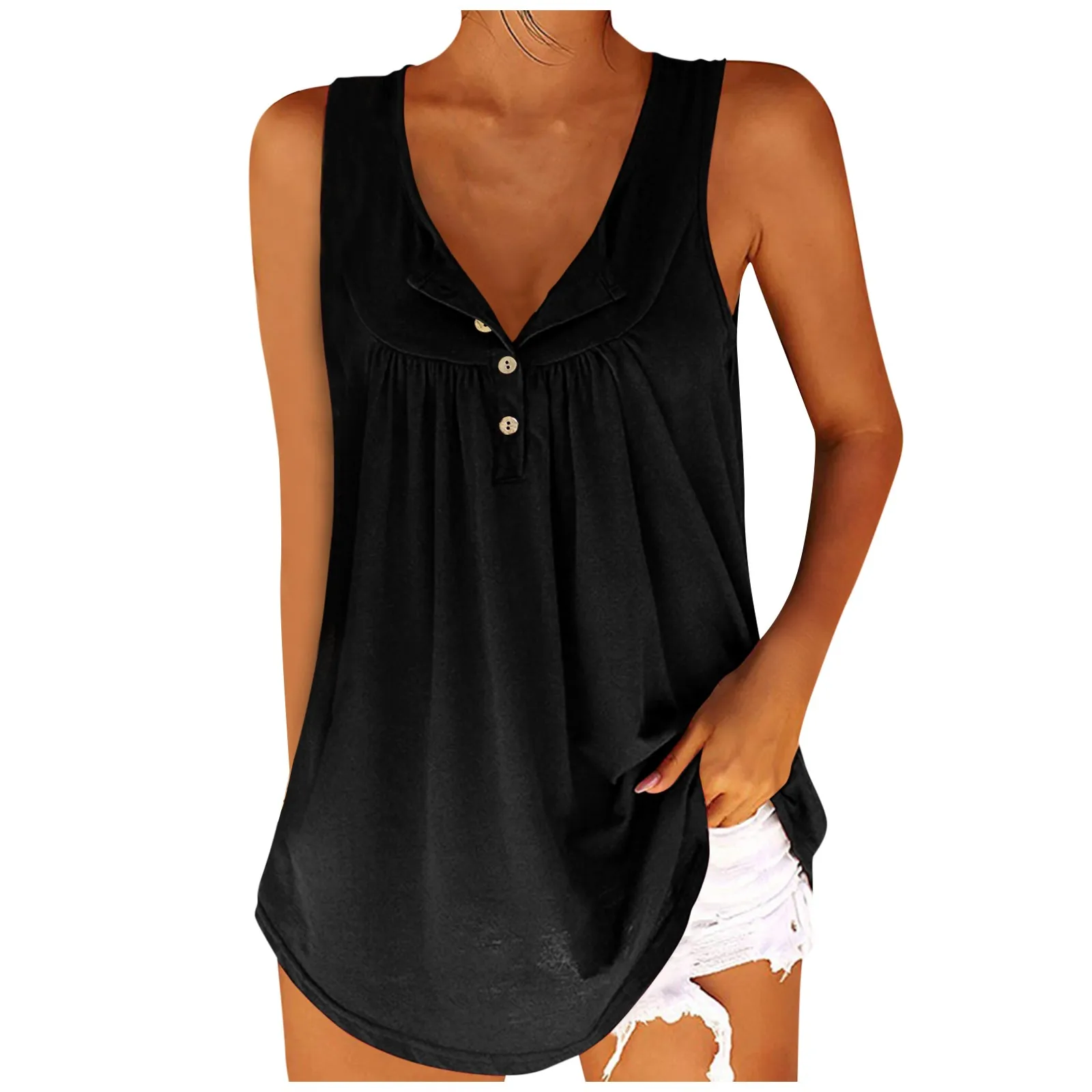 

Лидер продаж, Женская майка, свободный однотонный топ с U-образным вырезом, женская кофта без рукавов, плиссированная майка, Женский Свободный жилет на пуговицах, лето 2020