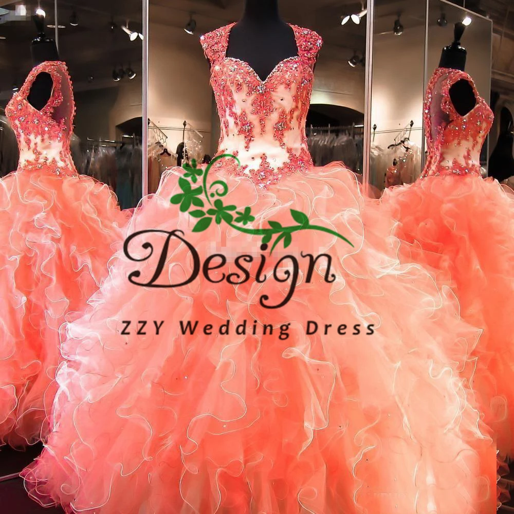 

Coral Tulle 15 Dress Quinceanera Dresses Lace And Tulle Flowers Appliqued Scoop Zipper Up Vestidos Para 15 Quinceanera Dresses