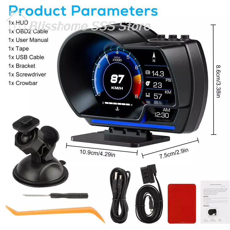【S】유니버설 OBD2&GPS 듀얼 시스템 미터 속도계 헤드업 디스플레이 다기능 게이지 수온계 터보 자동차 액세서리