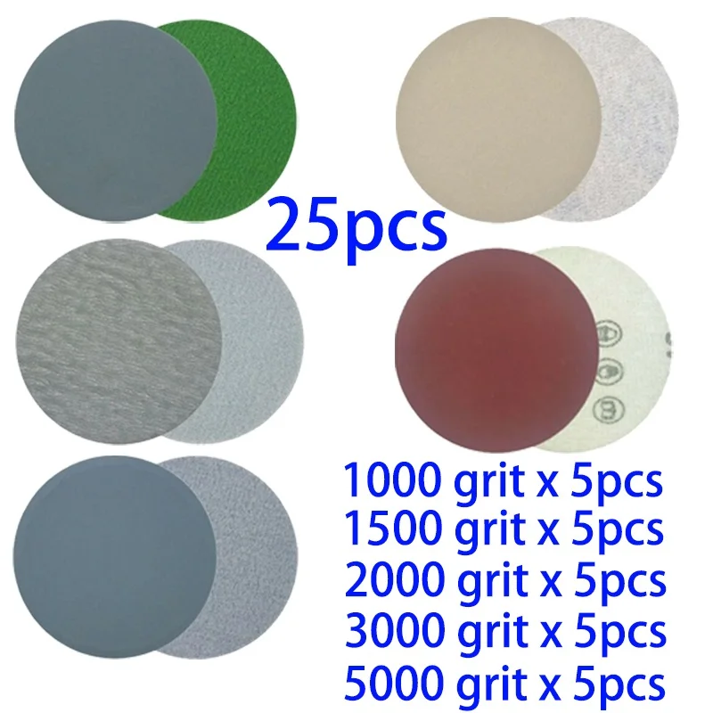 

25pcs 5inch Round Sandpaper Wet/Dry Sanding Discs Hook & Loop Sand Paper Polishing Pad 1000 1500 2000 3000 5000 Grit