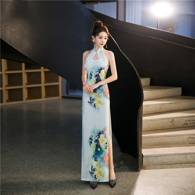 Abito Cheongsam senza maniche con stampa floreale e spacco laterale