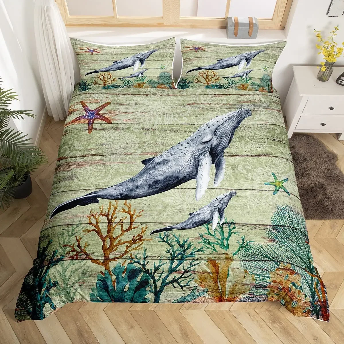 Whales King Queen Duvet Cover Ocean Animal Bedding Set Seaweed Starfish Marine Life Quilt Cover Blue Polyester Comforter Cover