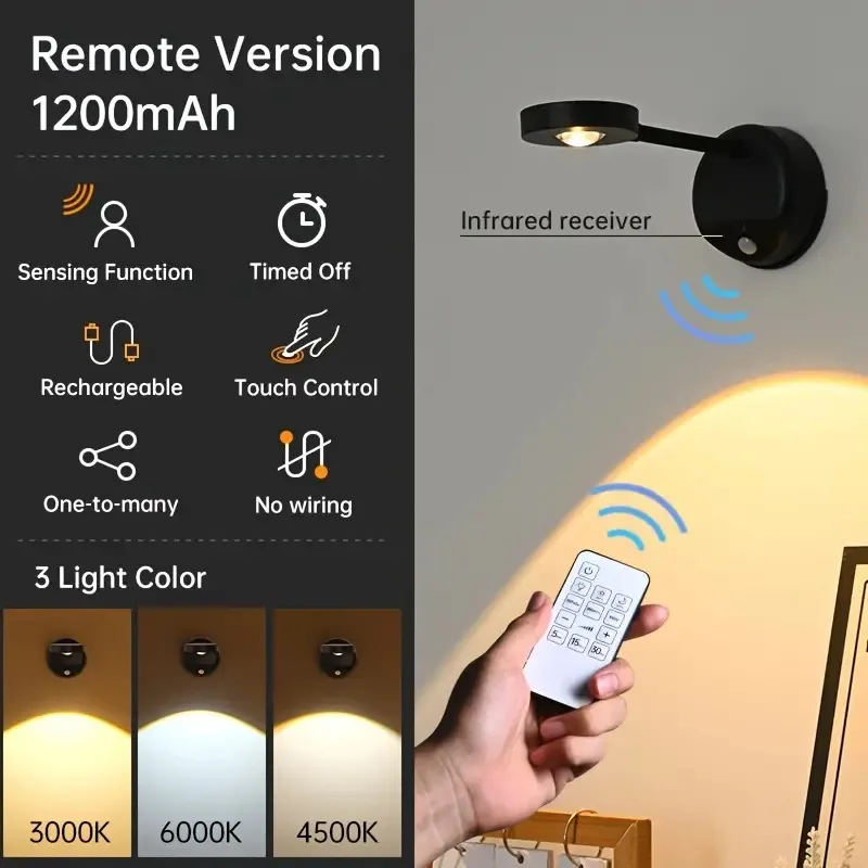 3-Colors USB Rechargeable Intelligent Human Sensing Wireless Wall Light Dimmable Led Spotlight For Lighting Paintings Pictures 2