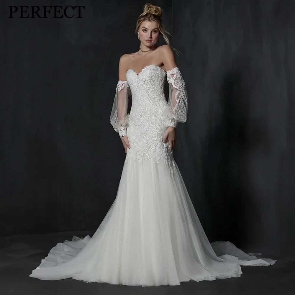 

PERFECT Wedding Dresses For Woman Elegant Exquisite Mermaid Sweetheart Puff Sleeves Appliques Lace Stunning Robe De Mariée