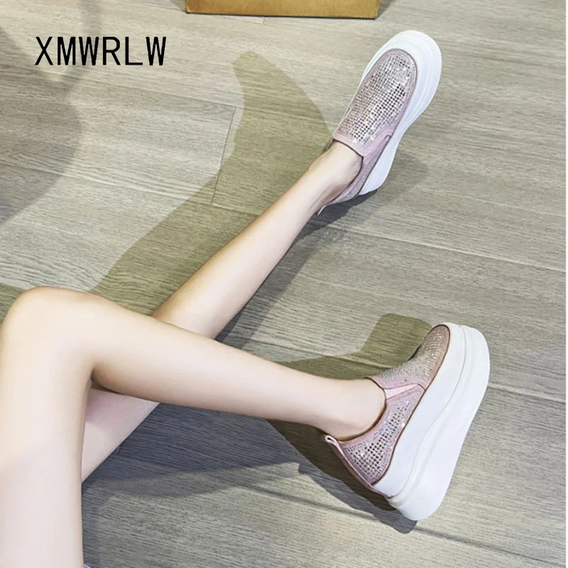 XMWRLW 여성용 하이힐 신발 패션 라인스톤 여성 로퍼 2025 봄 가을 여성 플랫폼 로퍼 슬립온 슈즈