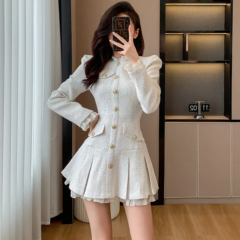 

New Women's Tweed Pleated Mini Dress Autumn Long Sleeve Korean Style Single Breasted Ruffle Fashion Office Lady Vintage Dresses