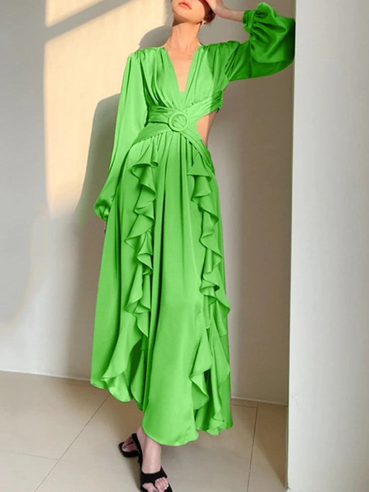 

Gypsylady Green High Street Maxi Dress Bandage Hollouw Out Sexy V-neck Women Dresses Ruffles Party Ladies Chic Dress Vestidos