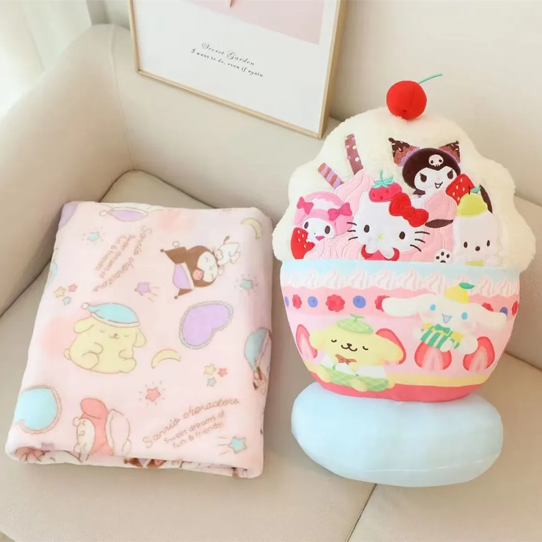 

Kawaii Sanrios Ice Cream Plush Toy Bag Cartoon Pillow Blanket 2-In-1 Soft Office Dormitory Nap Pillow Cushion Warm Blanket