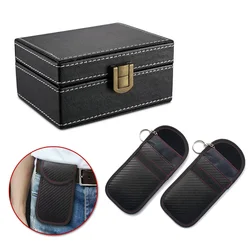 Premium RFID Security Set: PU Pouch & Wooden Signal Blocker for Car Key Fob Protection (Black)