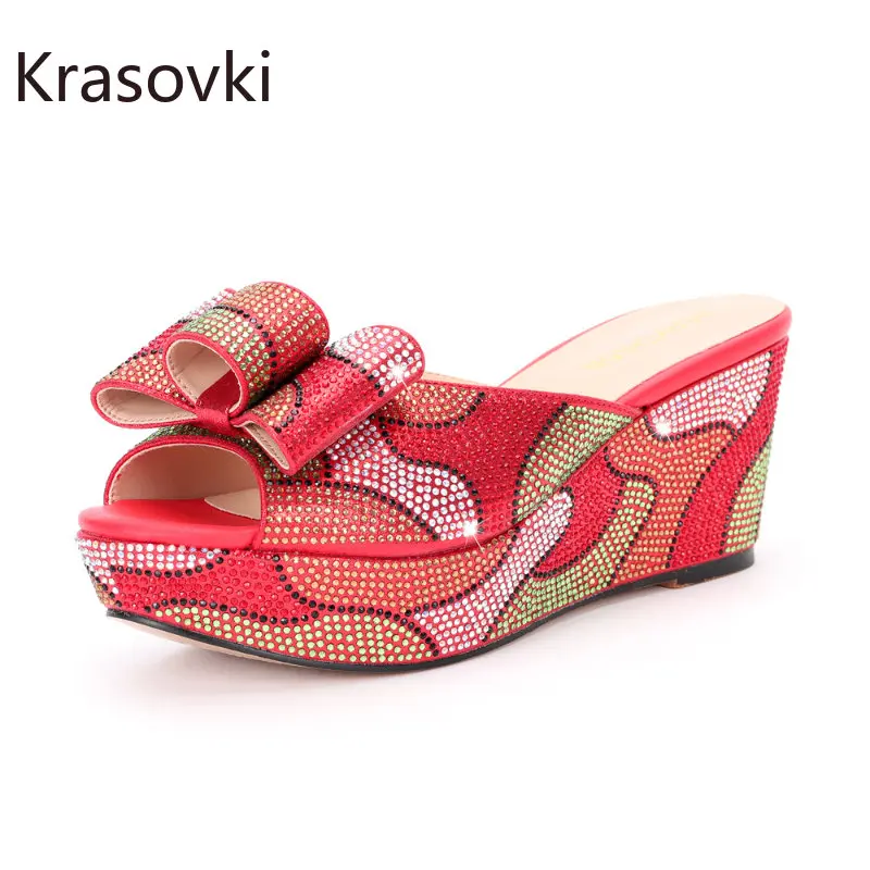 

Krasovki 8cm PU Rhinestone Summer Women Roman Gothic Dancing Gladiator Sexy Sandle Plus Size Bling Wedge Ladies Slippers Shoes