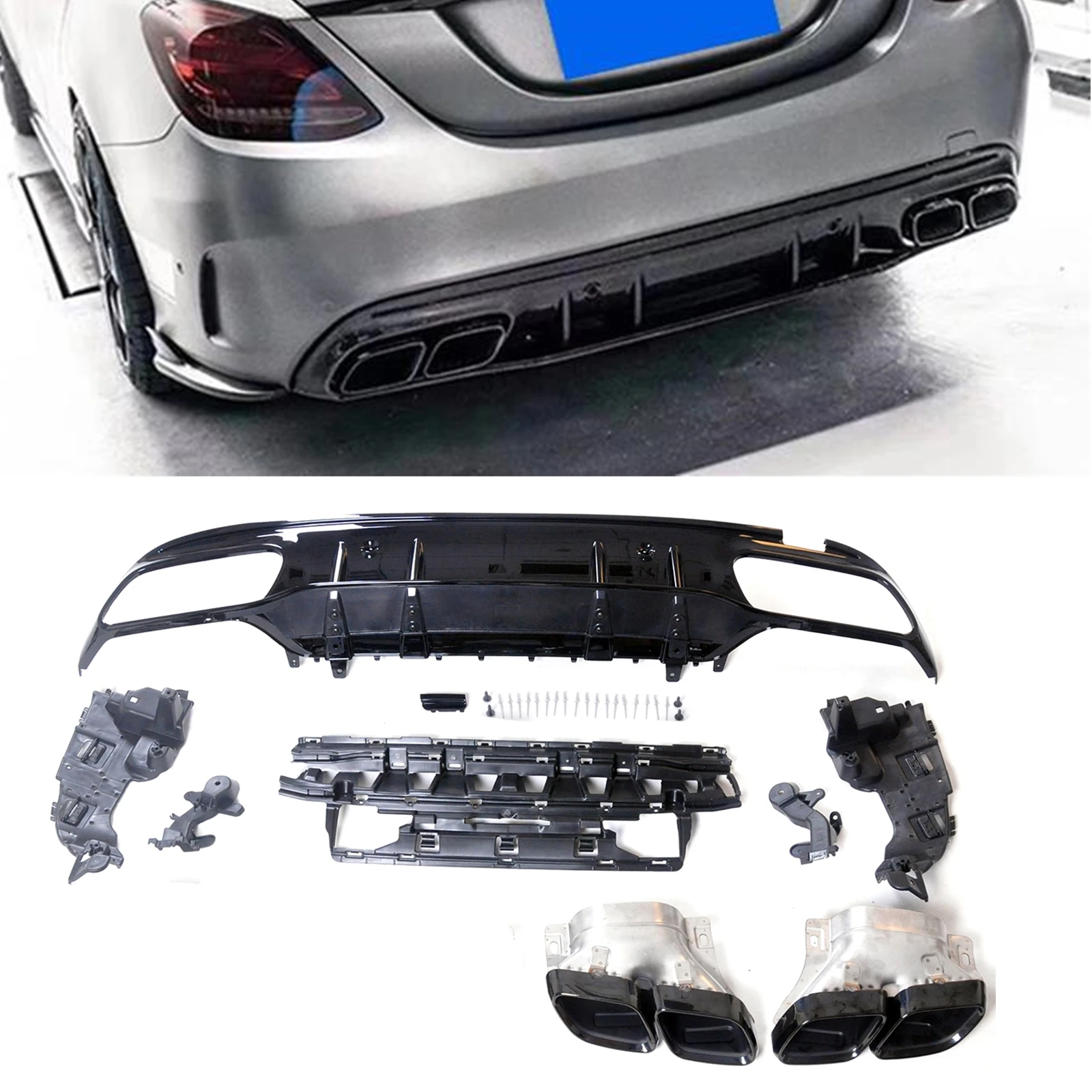 For Mercedes-Benz W205 C Class AMG Sedan 4 Door 2015-2021 C63 Style Rear Bumper Diffuser Spoiler Lip+Black Exhaust Muffler Pipe