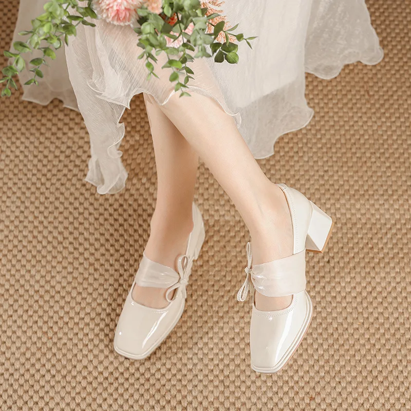 2023 Spring New Mary Jane Shoes High Heel Single Shoes Square Head Shallow Mouth Thick Heel Bow Patent Leather Shoe