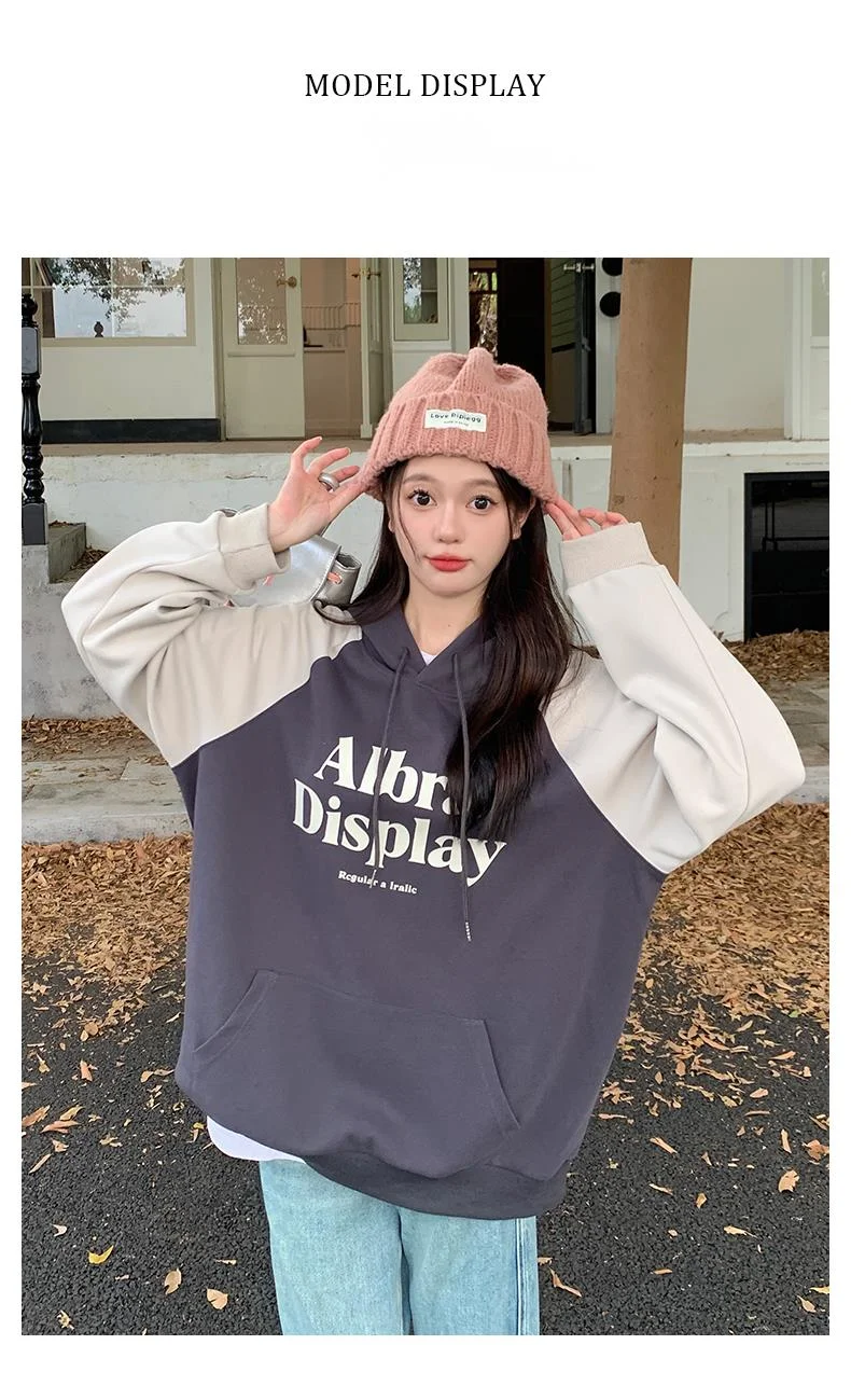 Großer Damen-Kapuzenpullover mit Farbblock-Print und lässigem Fleece-Pullover_voghion.com
