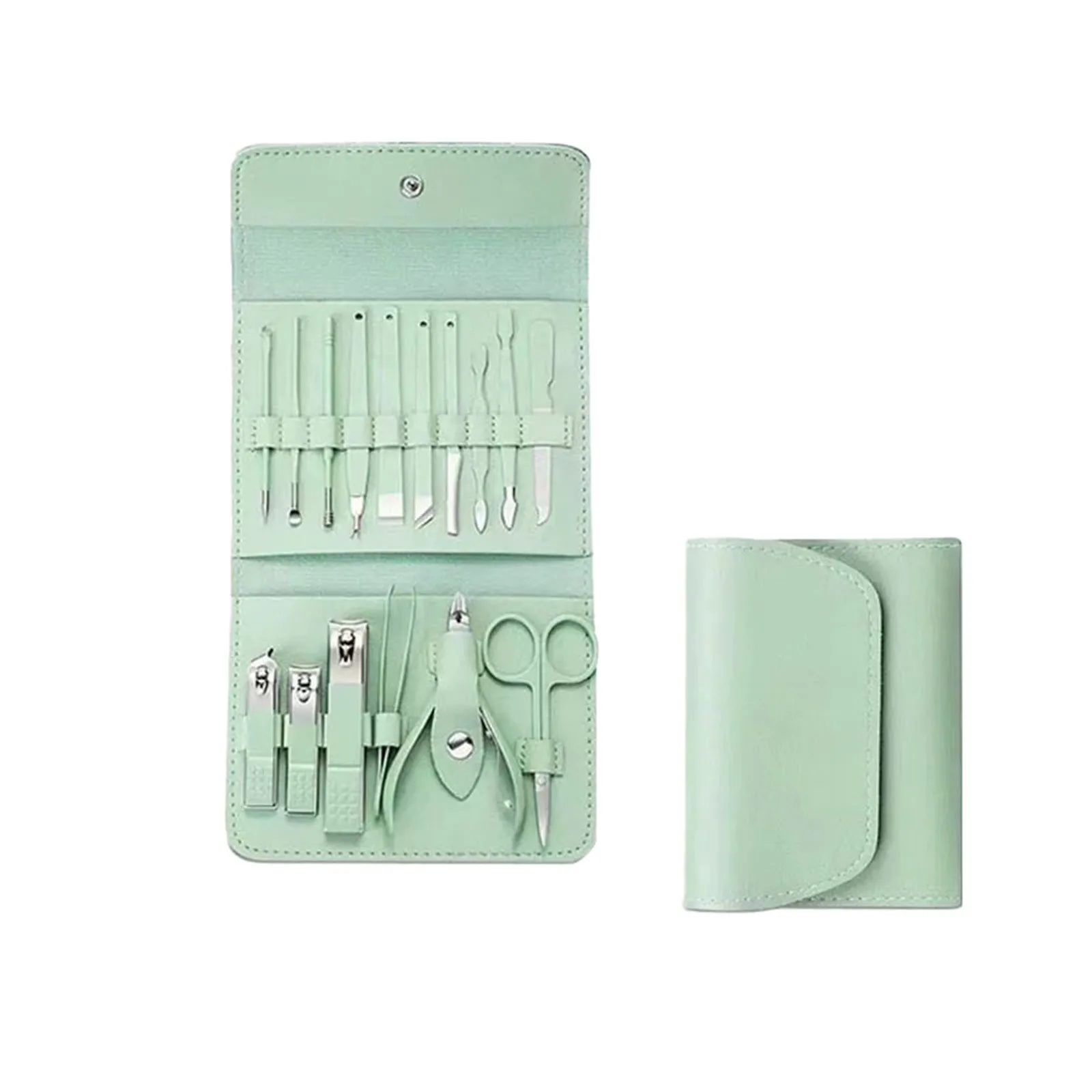 alt="The Matcha Green 16 Piece Nail Tools Set with Nail Scissors and Ear Pick.