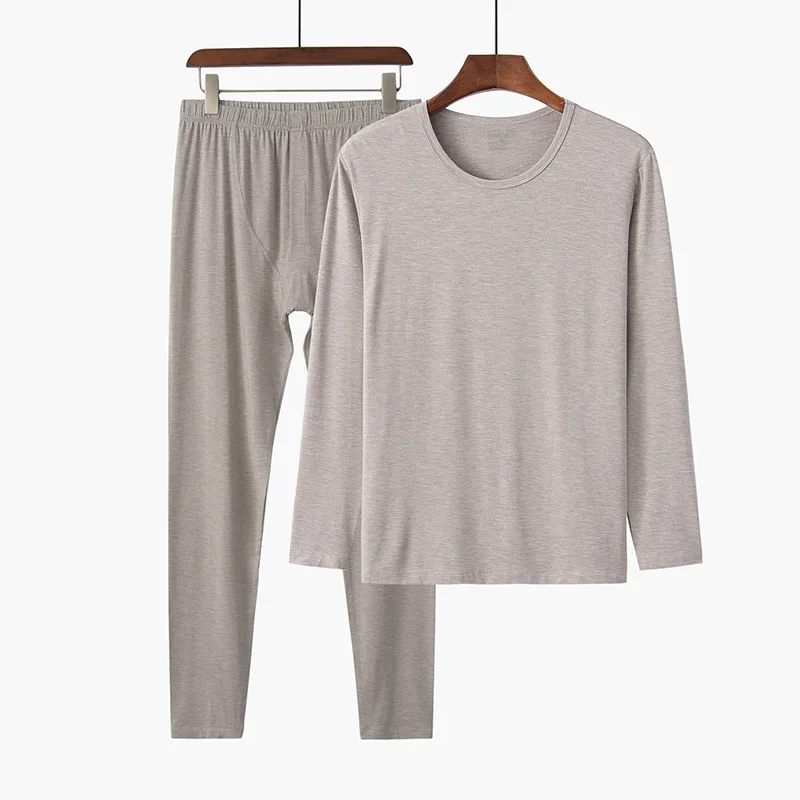 Comfort Soft 95% Bamboo Fiber Sleepwear For Sleeping Men Winter Pajama Long Sleeve Top And Trousers Set Solid Thermal Undershirt
