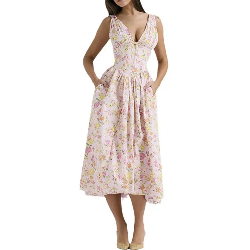 

Prairie Chic Floral Print Overall Dress Women V-Neck Summer Sleeveless Big Swing Midi Dresses Female Clothing