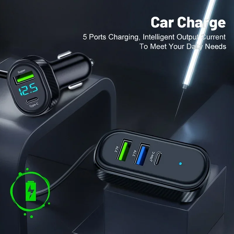 Super 66W High-Speed USB Type-C Car Charger with Voltage Detection & 1.5M Extension Cable