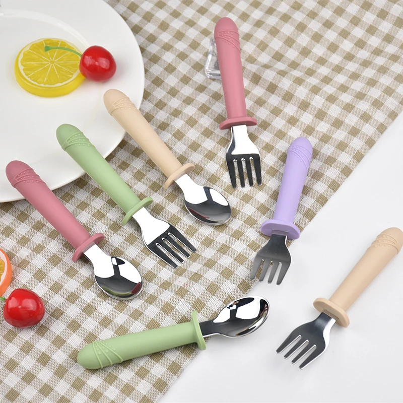 Stainless Steel Fork Spoon Baby Training Dining Accessories Tableware Food grade Silicone Long Handle Set