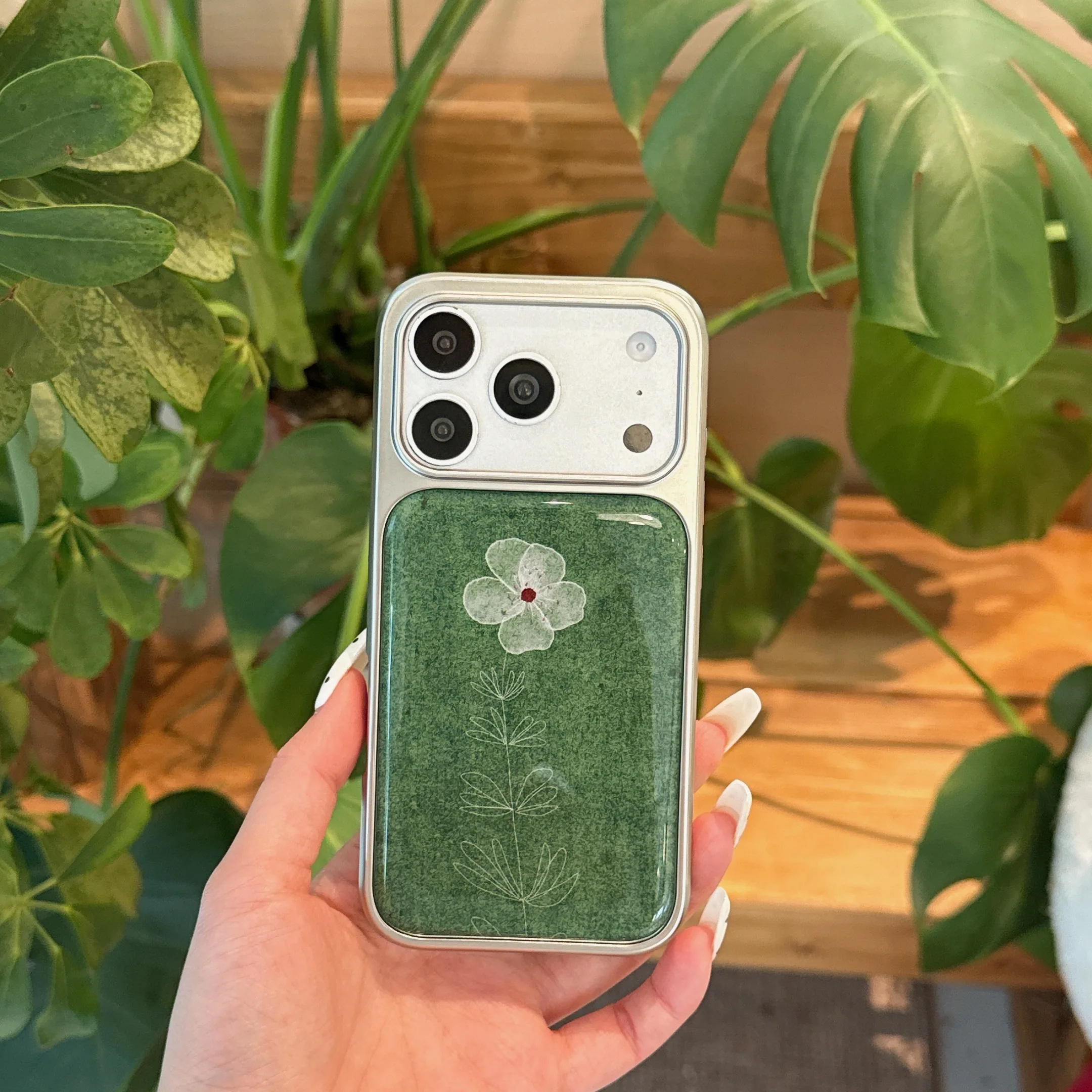 Minimalist Green Floral Cottagecore Phone Case with Hand-Drawn White Flowers