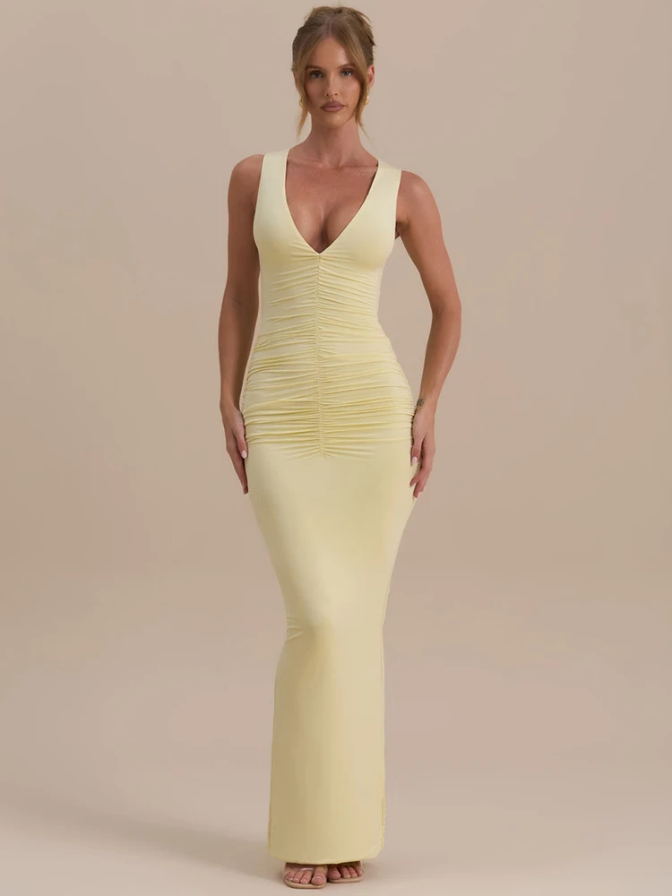 Mozision Deep V Neck Sleeveless Sexy Maxi Dress Women Elegant Ruched Bodycon Back Split Club Party Long Dress Female Clubwear