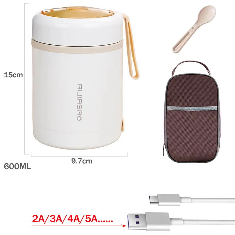 USB 스테인레스 스틸 전기 도시락 상자 0.6L 5V 12V 24V 작업자 여행 캠핑 휴대용 음식 가열 따뜻한 컨테이너 자동차 오피스 세트
